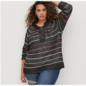 Torrid Sweater Sz 4 Chunky Crochet Raglan Hoodie Black Rainbow Stripe Lace Up